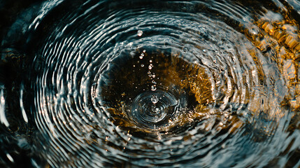Fototapete - Water drop Ripple Flow sunlight top view Background, Circle wave pattern water well free space display product, Transparent clear water surface texture with ripples, splashes, Water Grey Background