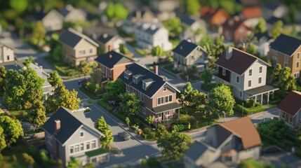 Poster - The vibrant residential neighborhood showcases various homes surrounded by lush greenery and well-maintained gardens. Streets wind between the houses, creating an inviting community atmosphere.