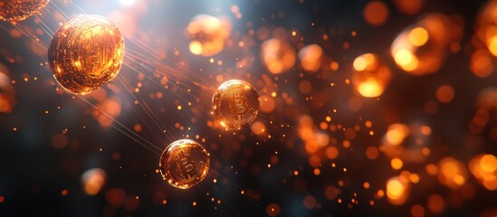 Wall Mural - Abstract glowing orange spheres with bokeh lights on dark background.