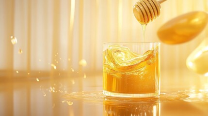 Poster - A glass of fresh juice is infused with golden honey, creating a delicious swirl. Sunlight streams through the window, illuminating the vibrant colors and enhancing the refreshing look of the drink.