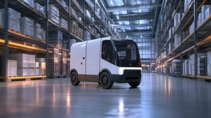 Aufkleber - A compact electric transport vehicle is parked inside a spacious warehouse filled with neatly stacked pallets. The environment is well-lit, showcasing advanced logistics and storage solutions.