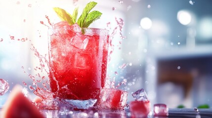 Poster - A vibrant glass of homemade juice filled with ice cubes and garnished with fresh mint. Juice splashes around the glass, creating a lively scene in a bright kitchen during daytime.
