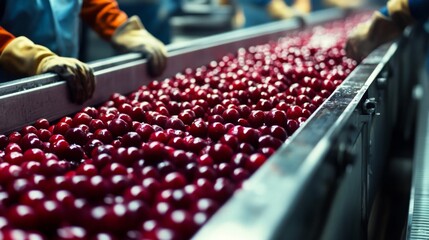 Poster - Workers in a juice extraction facility are sorting vibrant cherries on a conveyor belt. The atmosphere is bustling, indicating a busy production day focused on juice manufacturing.
