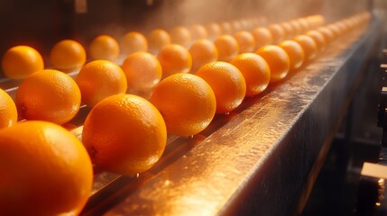 Poster - Oranges are meticulously arranged in a juice production facility, ready for processing. The bright fruits shine under overhead lights as a mist of steam creates a lively atmosphere in the workspace.
