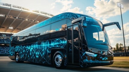 Poster - A sleek electric transport vehicle with a striking blue and black exterior is parked near a sports stadium.
