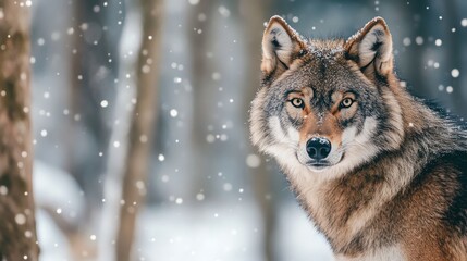 Wall Mural - A wolf with piercing eyes stares intensely at the camera from behind a bush of orange leaves.