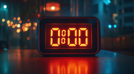 midnight time on digital alarm clock watch red display screen. modern led wake up reminder object, minute hour countdown object, electrical measure equipment, snooze, home device, sleep.