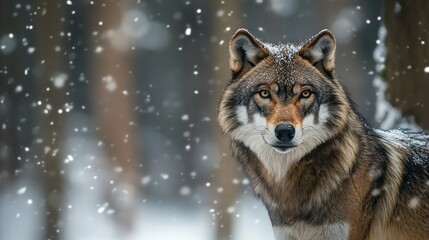 Wall Mural - A wolf stands in a snowy forest and looks intently at the camera.