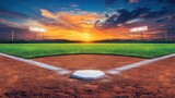Stunning Sunset Over a Baseball Field with Illuminated Stadium Lights and Lush Green Grass Creating a Serene and Inviting Atmosphere for Sports Enthusiasts