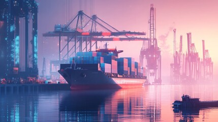 Aufkleber - A large container ship is docked at a bustling port, surrounded by towering cranes and cargo containers. The twilight sky reflects colors onto the water, creating a serene yet industrious atmosphere.
