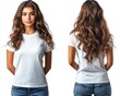 © Sam-th - Beautiful young woman showcasing curly hair and casual style in a white t-shirt, photographed from the front and back against a clean background, ideal for fashion or beauty concepts