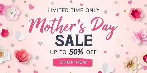 Wall Mural - Mother's day sale vector illustration. Banner design with beautiful paper flowers and hearts.