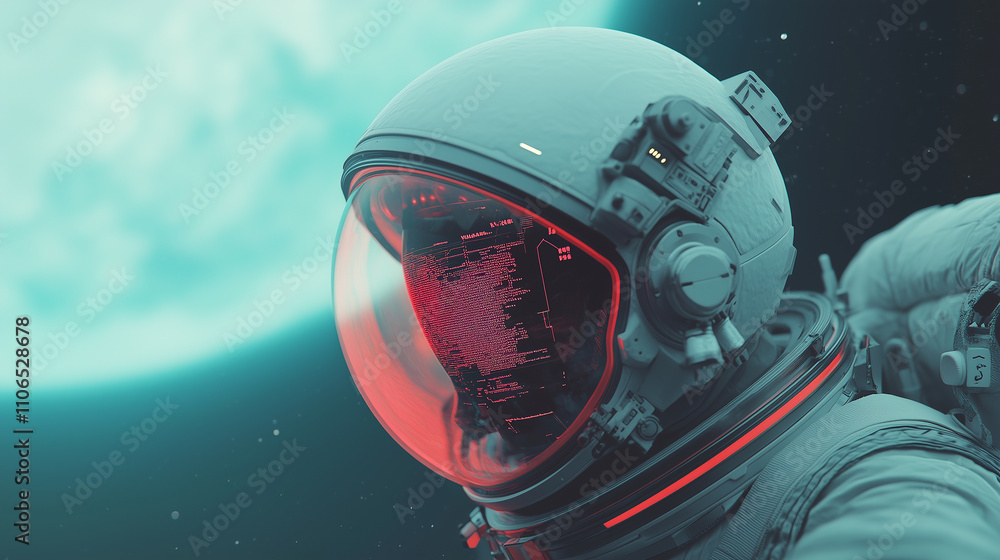 A futuristic astronaut helmet with glowing red interface displaying AI ...