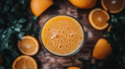Poster - A clear glass filled with vibrant orange juice sits at the center, surrounded by fresh orange slices and whole oranges on a wooden surface, complemented by green leaves.