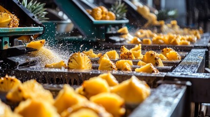 Fototapete - Freshly cut pineapples are being processed at a large facility.