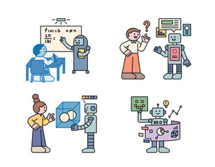 Wall Mural - cute people are studying, searching data, and visualizing samples with the help of robots. cuttiny c
