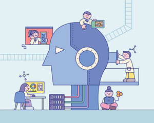 Wall Mural - cute scientists are studying a giant robot head. cuttiny character with outline.