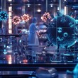 © watchirachat - Futuristic high tech laboratory setting featuring glowing virus models automated medical tools and scientists monitoring holographic treatment data and analytics