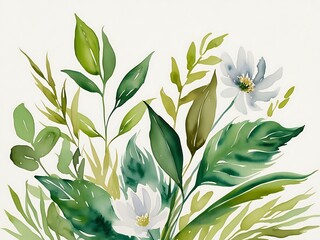 Wall Mural - Watercolor Painting of White and Blue Flowers with Green Leaves