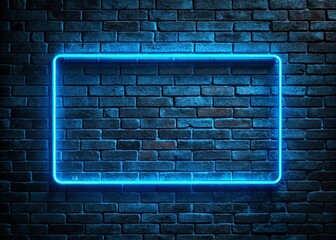 Wall Mural - A Striking Blue Neon Rectangle Illuminates a Dark Brick Wall, Creating a Captivating Nighttime Scene with Urban Vibes and Modern Aesthetics