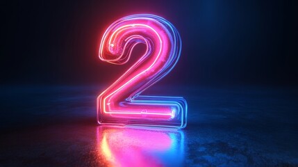 Poster - 3D Neon Number Two in Vibrant Pink and Blue with Glossy Reflective Surface and Spotlight Effect