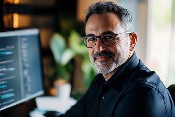 Smiling programmer at computer. Concept of technology, coding, and success.