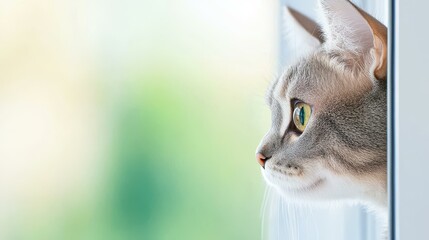 Sticker - A curious cat gazes intently from a window, its eyes full of wonder, set against a softly blurred scene.