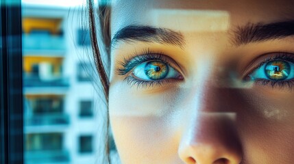 Close-up view of a person's eye reflecting a modern building in natural light