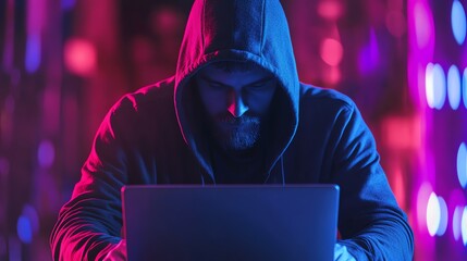 A man in a hoodie is focused on his work at a laptop in a dimly lit room.