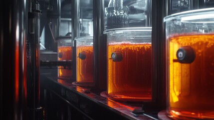 Poster - Large glass containers filled with vibrant orange juice are lined up in a modern facility.