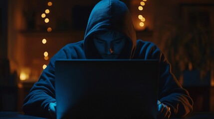 A man in a hoodie is focused on his work at a laptop in a dimly lit room.
