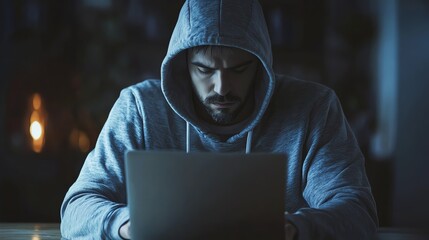 A man in a hoodie is focused on his work at a laptop in a dimly lit room.