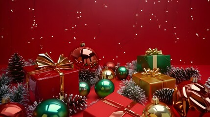 Wall Mural - Christmas gift display with golden and red ornaments, festive wrapping, and sparkling decorations on a red background with holiday lighting