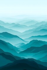 Wall Mural - Minimalist mountain landscape featuring layered blue and teal silhouettes with a serene gradient sky backdrop