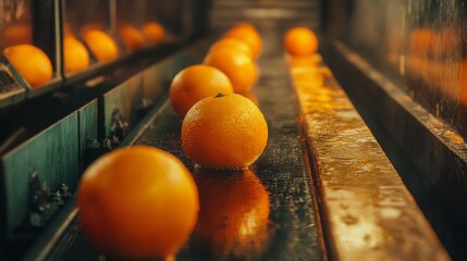 Aufkleber - Oranges roll down a conveyor belt in a processing facility. Workers prepare the fruit for juicing, ensuring freshness and quality. The environment is clean, with machinery and bright lighting.