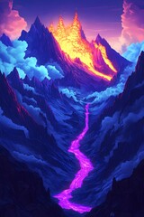 Wall Mural - Majestic volcanic eruption scene with glowing lava streams in a surreal mountainous landscape under a vivid purple and blue sky