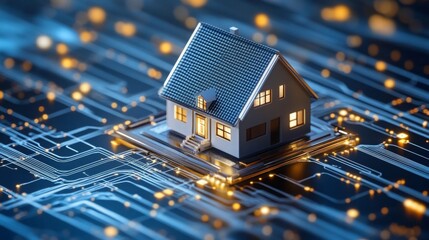Aufkleber - A modern house sits atop a circuit board, symbolizing the integration of real estate and digital technology.