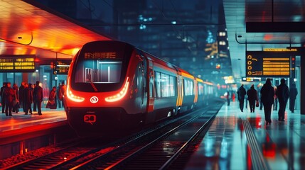 Fototapete - An electric train sits at a bustling city station, illuminated by vibrant lights as passengers await their journeys.