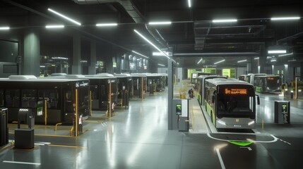 Aufkleber - A fleet of electric buses is parked and charging in a sleek, well-lit transport facility.