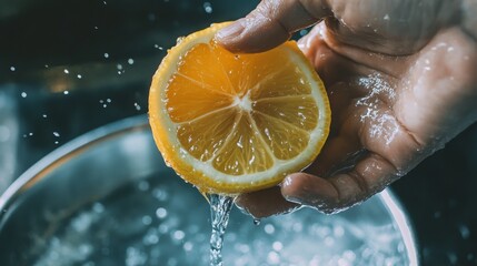 Poster - A hand holds a fresh lemon half over a pot of water, squeezing it to extract juice. Water droplets sparkle as they fall, creating a refreshing atmosphere in the kitchen.
