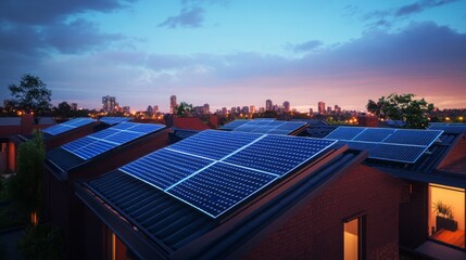 Poster - Solar panels cover the rooftops of modern homes, reflecting the warm hues of sunset. In the background, a vibrant city skyline stands tall against the evening sky, showcasing urban living.