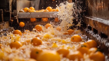Poster - Whole oranges cascade through a juicing machine, creating a lively splashing effect with juice and pulp everywhere.