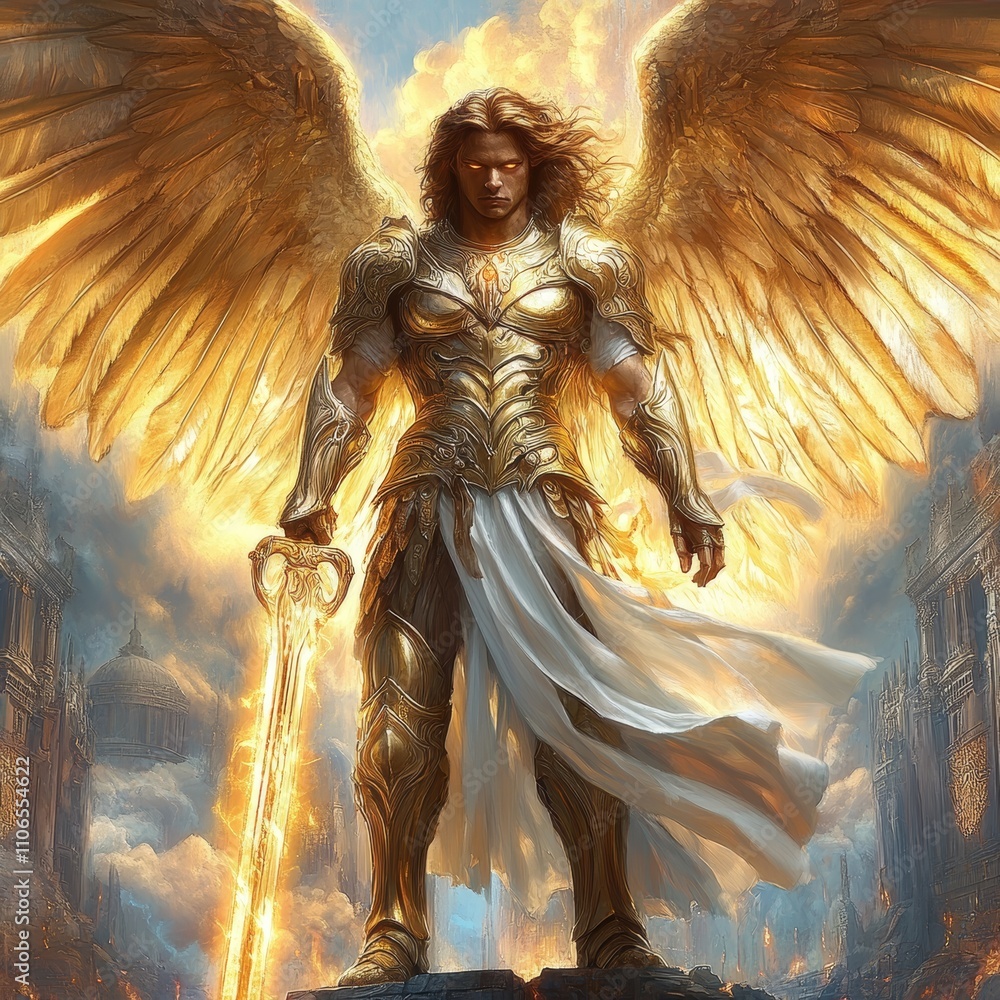 Archangel Michael Warrior with Golden Wings and Sword in Ruined ...