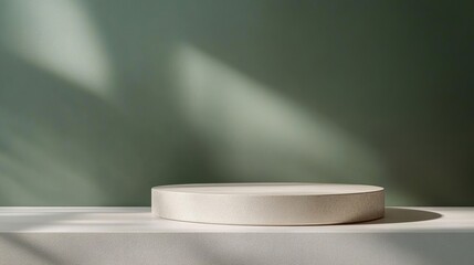 Aufkleber - Minimalist round marble pedestal table against soft green wall with elegant shadows