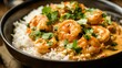 © aubriella - A bowl of creamy coconut shrimp curry served over steamed jasmine rice, Coconut shrimp curry bowl centered, Soft ambient lighting accentuating its aromatic spices