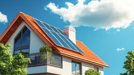 Poster - A contemporary house with solar panels on the roof enhances energy efficiency while blending with nature. Lush greenery surrounds the property under a bright blue sky with fluffy clouds.