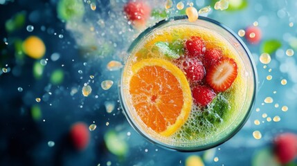 Poster - A glass filled with colorful fruit juice showcases bright orange slices, raspberries, and strawberries. Sprinkles of juice splash around, capturing the energetic process of making a refreshing drink.