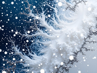 Wall Mural - ethereal snowy landscape with fractal like frost patterns and gentle falling snowflakes, digital art