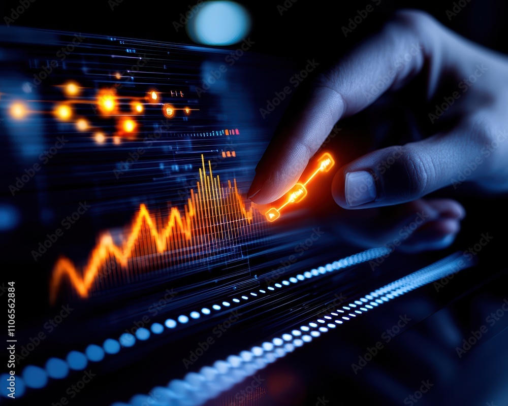 A hand interacts with a glowing data graph, illustrating trends and ...