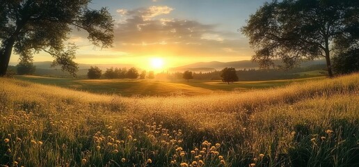 Wall Mural - Serene Sunrise Over Grassy Field with Dew and Soft Morning Light